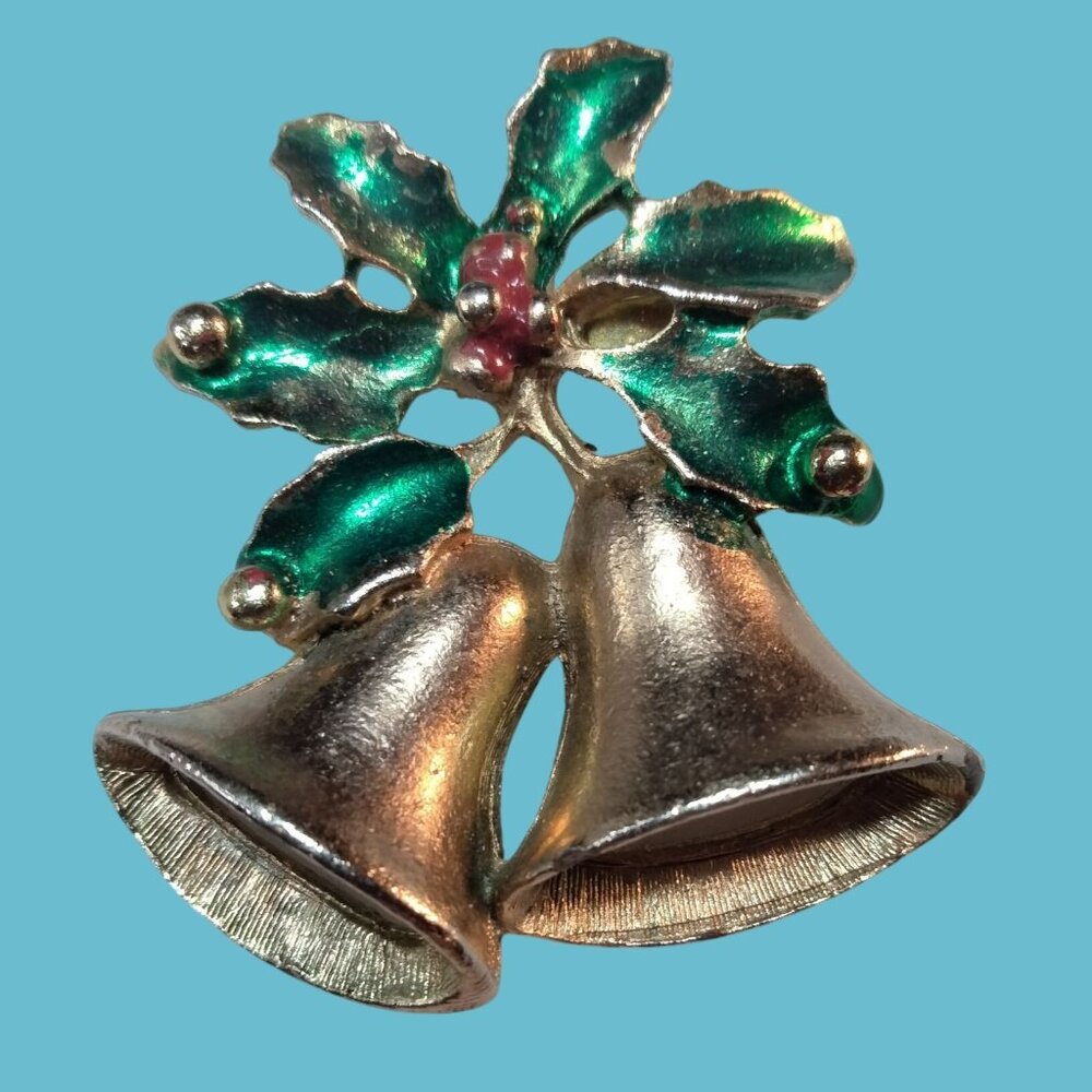 Vintage Christmas Bells Holly Pin Brooch Gold Tone Enamel Accents